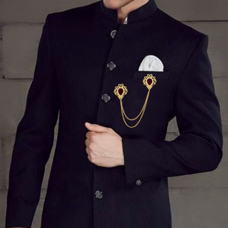Mahi Gold Plated White Crystal Metal Engraving Dual Layer Chain Brooch for Men (BP1101058G)