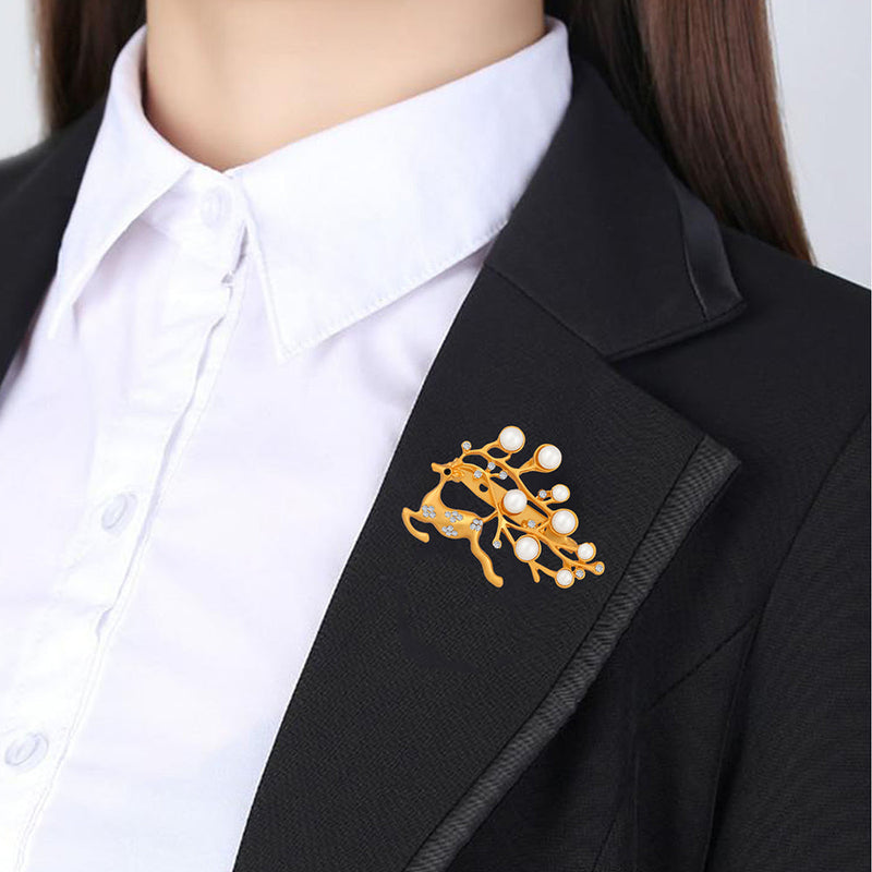 Mahi Running Deer Shaped Shirt Stud / Brooch Lapel Pin with Artificial Pearl and Crystals for Women (BP1101090GWhi)