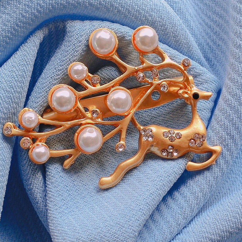 Mahi Running Deer Shaped Shirt Stud / Brooch Lapel Pin with Artificial Pearl and Crystals for Women (BP1101090GWhi)