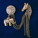 Mahi Antique Gold Plated Baby Elaphant and Horse Face Shaped Floral Brooch Pin with Chain for Men (BP1101100G)