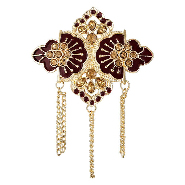Mahi Maroon Meenakari Work Hanging Chains and Crystals Floral Brooch for Men (BP1101127GMar)