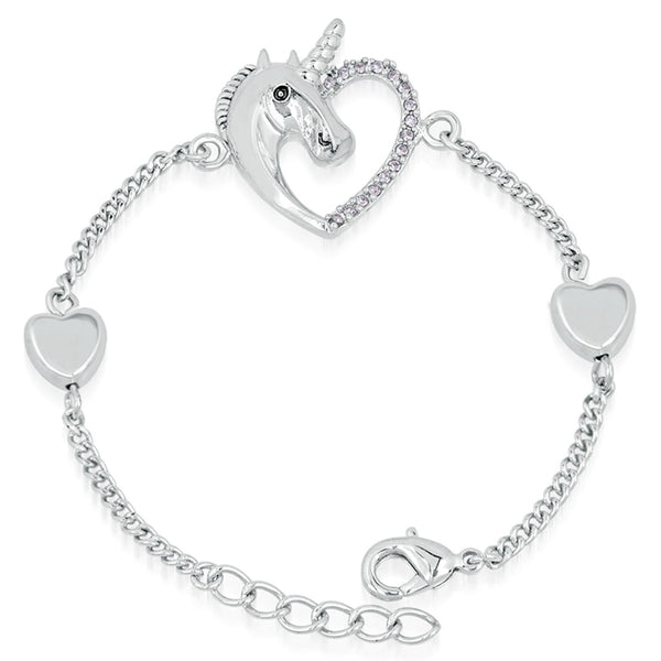 Mahi Rhodium Plated Heart Love Innocent Unicorn Bracelet with Crystal Stones - BR1100372R