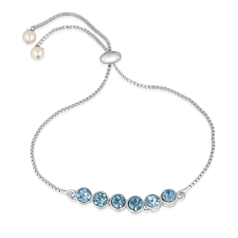 Mahi Rhodium Plated Gleaming Blue Solitaire Crystal Adjustable Bracelet - BR1100386RBlu