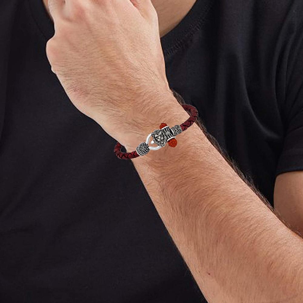 Mahi Lord Shiv Trishul Damru Narasimha Rudraksh Leather Bracelet Kada for Men (BR1100430R)