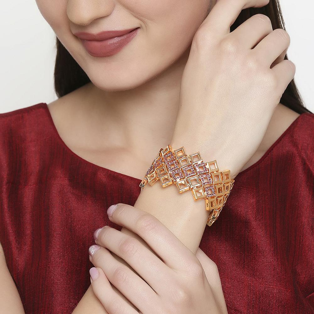 Mahi Squarish Rose Gold Plated Cuff Kada Bracelet with Pink Crystals for Women (BR1100442Z)