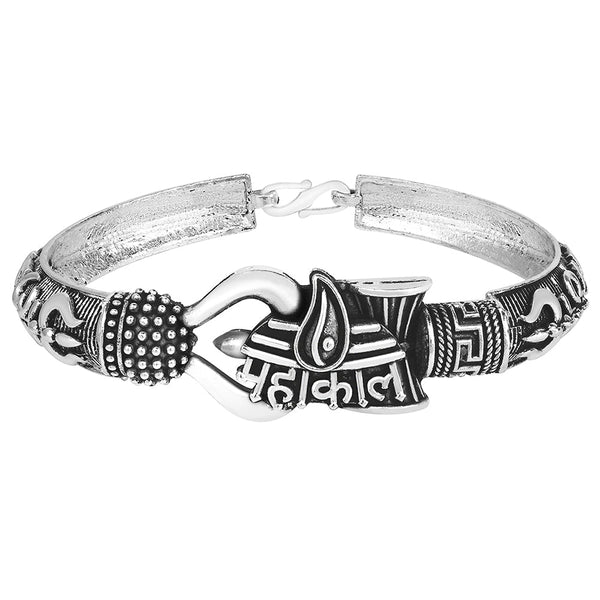 Mahi Silver Oxidised Plated Trishul Mahakal Bracelet Kada for Mens (BR1100475R)