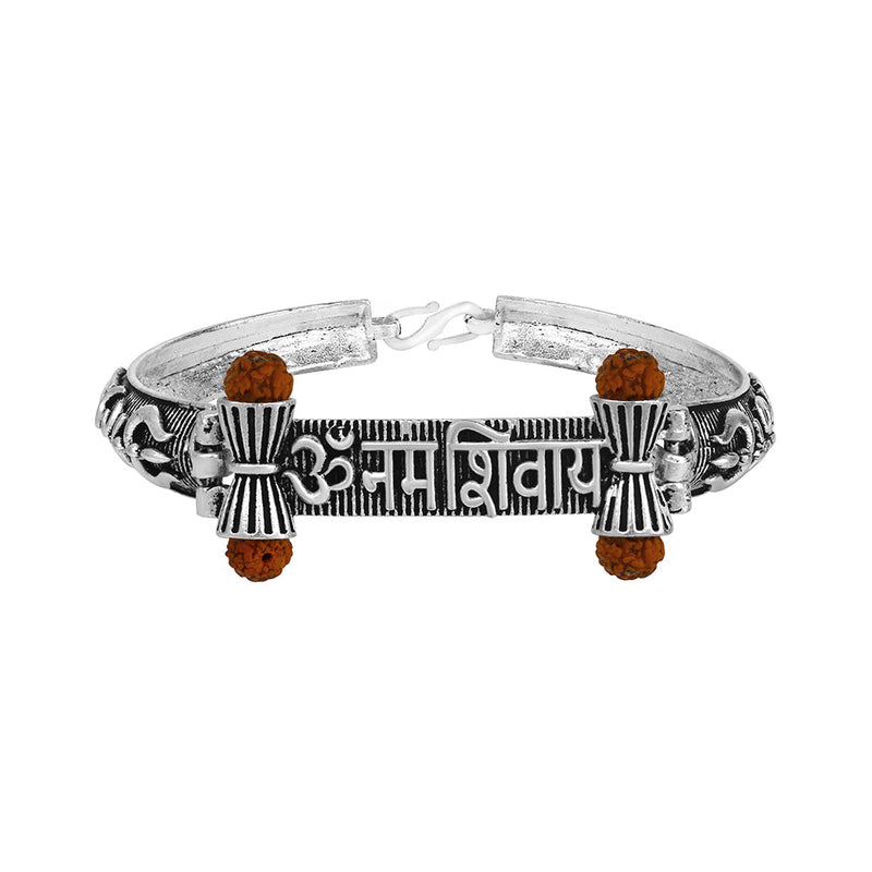 Mahi Silver Oxidised Plated Om Namo Shivay and Trishul Rudraksha Bracelet Kada for Mens (BR1100478R)