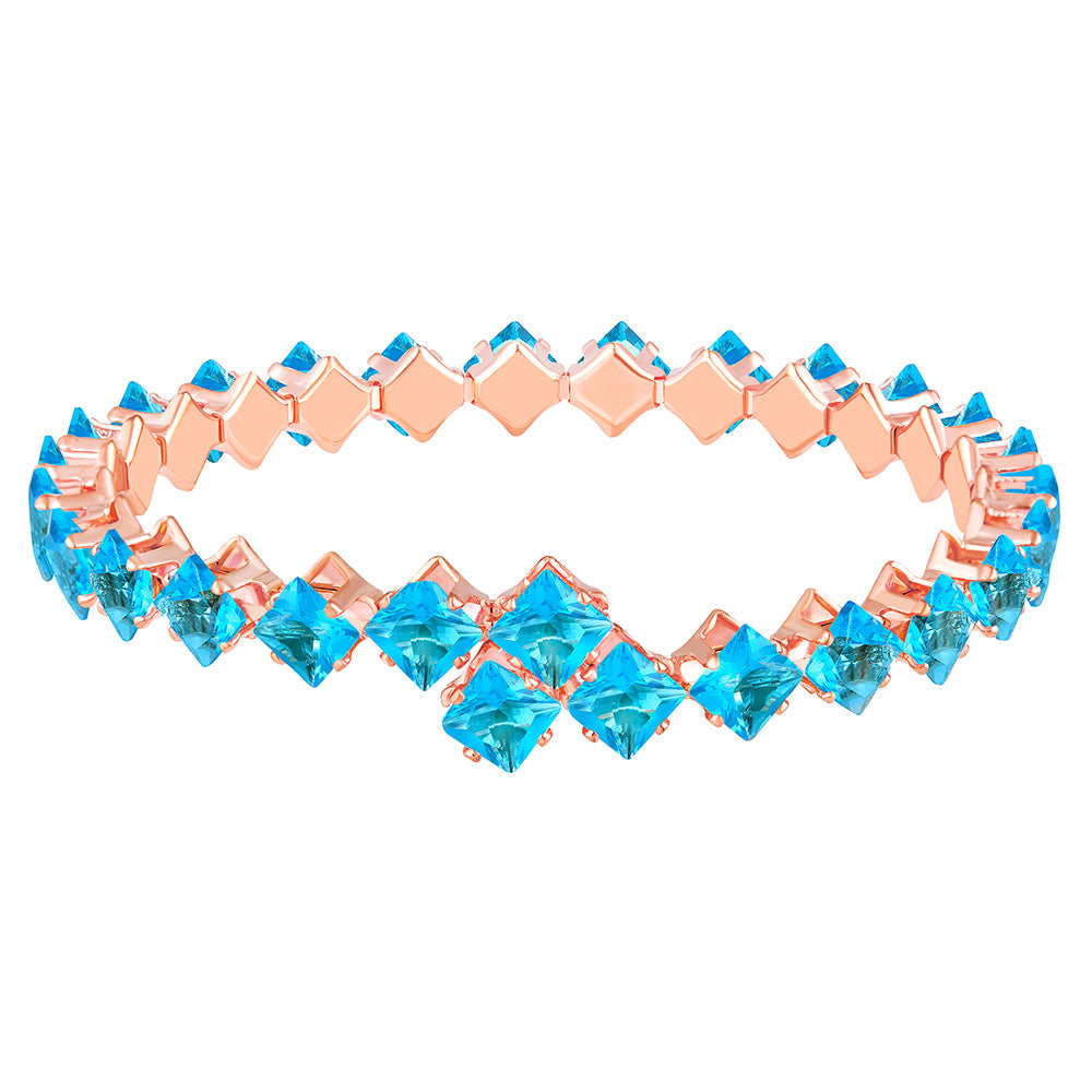 Mahi Rose Gold Plated Classic Princess Cut Aqua Blue Cubic Zirconia Studed Adjustable Kada Bracelet for Women (BR1101013ZABlu)