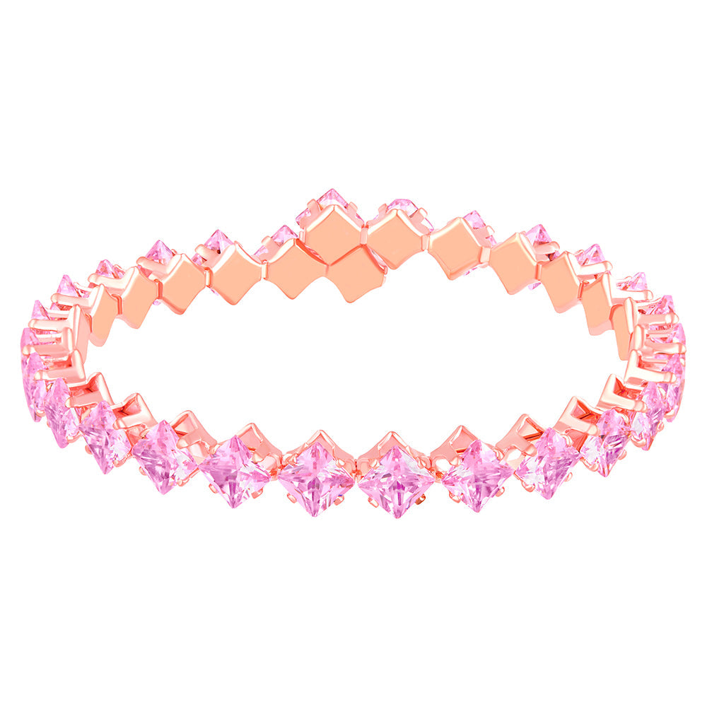 Mahi Rose Gold Plated Classic Princess Cut Pink Cubic Zirconia Studed Adjustable Kada Bracelet for Women (BR1101014ZPin)