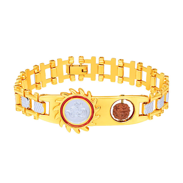 Mahi Gold and Rhodium Plated Om Sun Kada Bracelet with Rudraksh and Red Mee Work for Men (BR1101024M)
