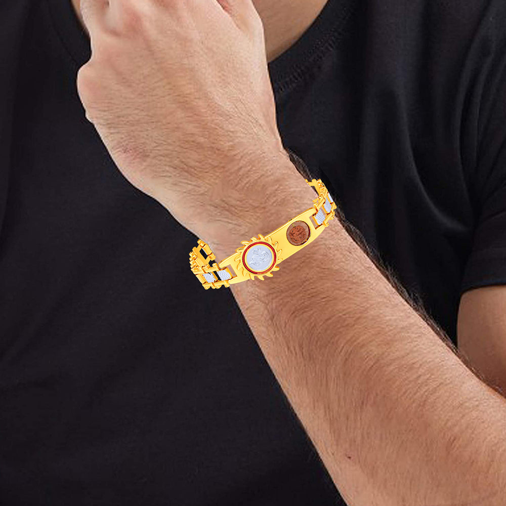 Mahi Gold and Rhodium Plated Om Sun Kada Bracelet with Rudraksh and Red Mee Work for Men (BR1101024M)