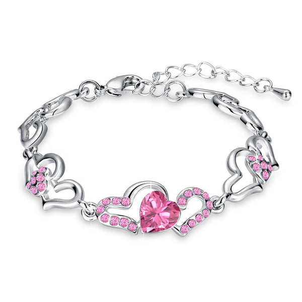 Mahi Rhodium Plated Valentine Collection Lovely Heart Link Bracelet with Pink Crystal stones - BR2100339RPin