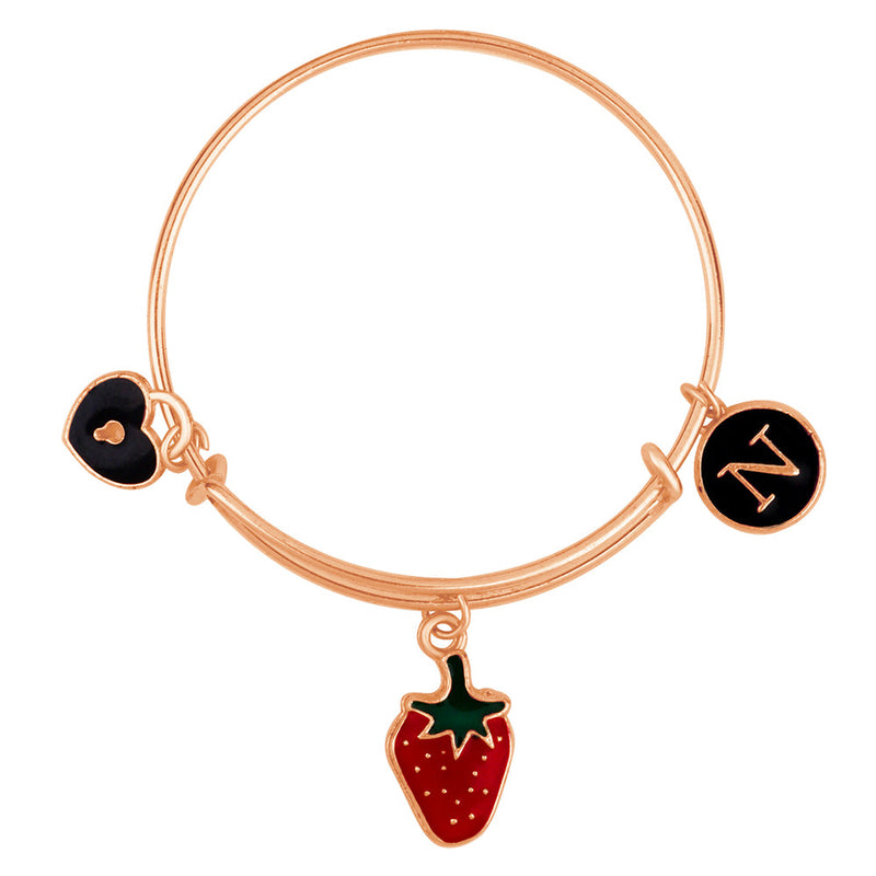 Mahi N Letter Strwabery & Heart Lock Shaped Rose Gold Plated Enamel Work Charms Kids Bracelets for Kids (BRK1100964Z)