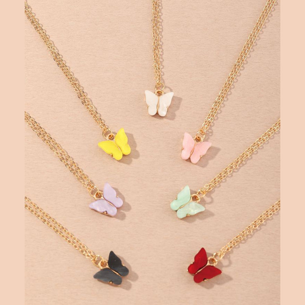 Mahavir Gold Plated Butterfly 7 Pc Combo Chain Pendant (Assorted Colors )