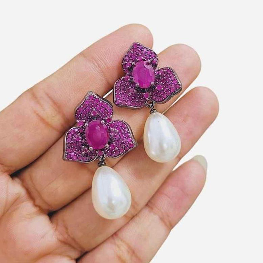 JewelTreeTz Gold Plated Beautiful Micro Pave Petal with Pearl Drops Earrings (Piece 1 Only)