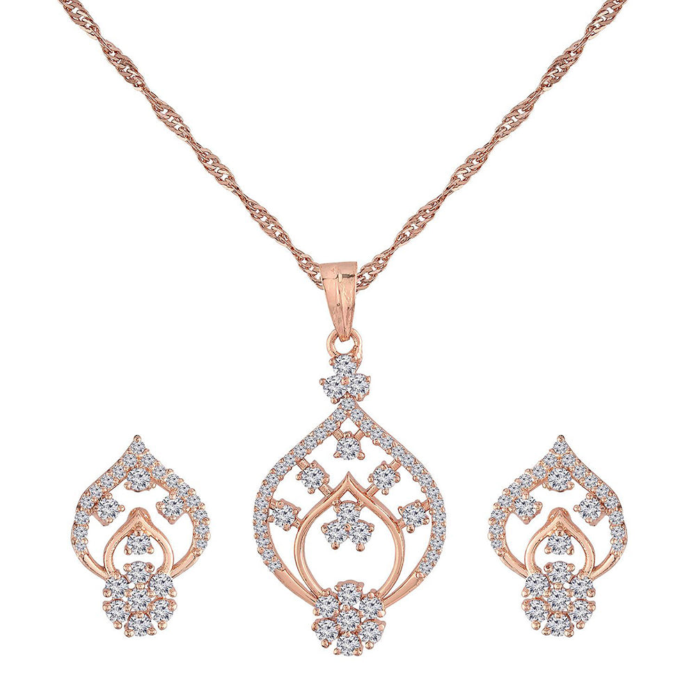 Etnico 18k Rose Gold Plated Glittering American Diamond CZ Zircon Chain Pendent Necklace Set for Women & Girls (CH42RG)