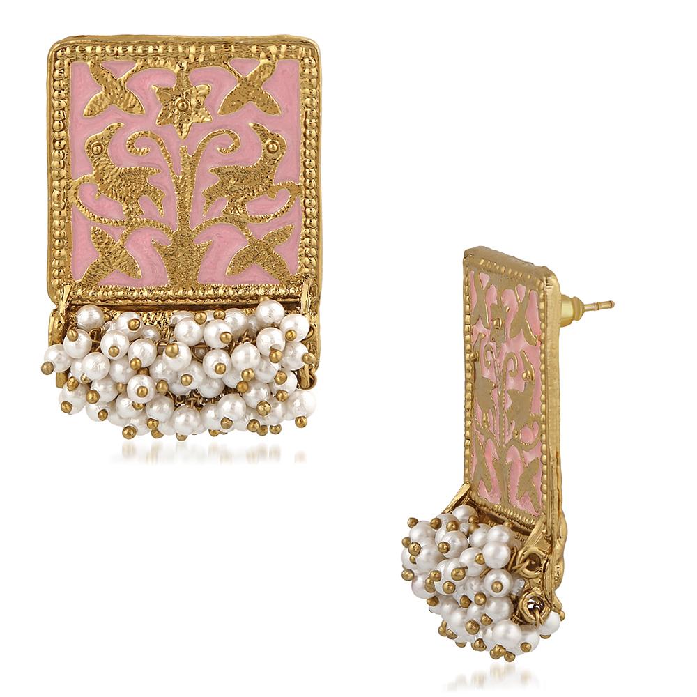 Mahi Ethnic Meenakari Work Rectangular Shape Dangler Earring with Artificial Pearl for Women VECJ100138Pin