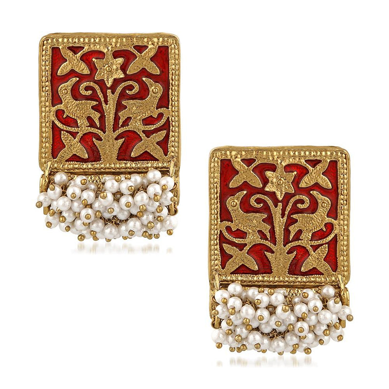 Mahi Ethnic Meenakari Work Rectangular Shape Dangler Earring with Artificial Pearl for Women VECJ100138Red