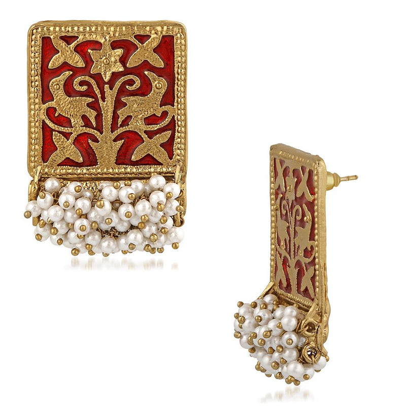 Mahi Ethnic Meenakari Work Rectangular Shape Dangler Earring with Artificial Pearl for Women VECJ100138Red