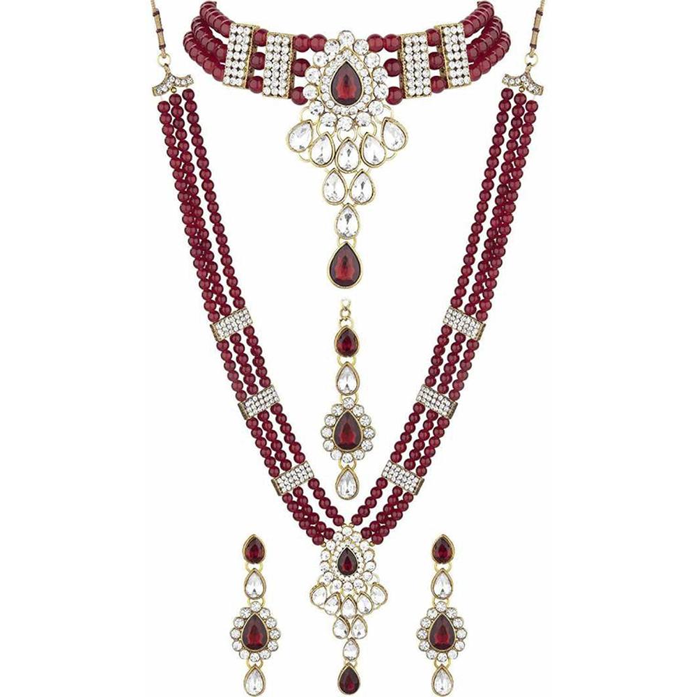 Mahi Ethnic Gold Plated Maroon and White Kundan Necklace set for Women VNCJ100158Mar