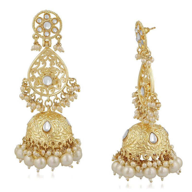 Mahi Ethnic Gold Plated White Kundan Long Dangler Jhumki Earring For Women VECJ100200