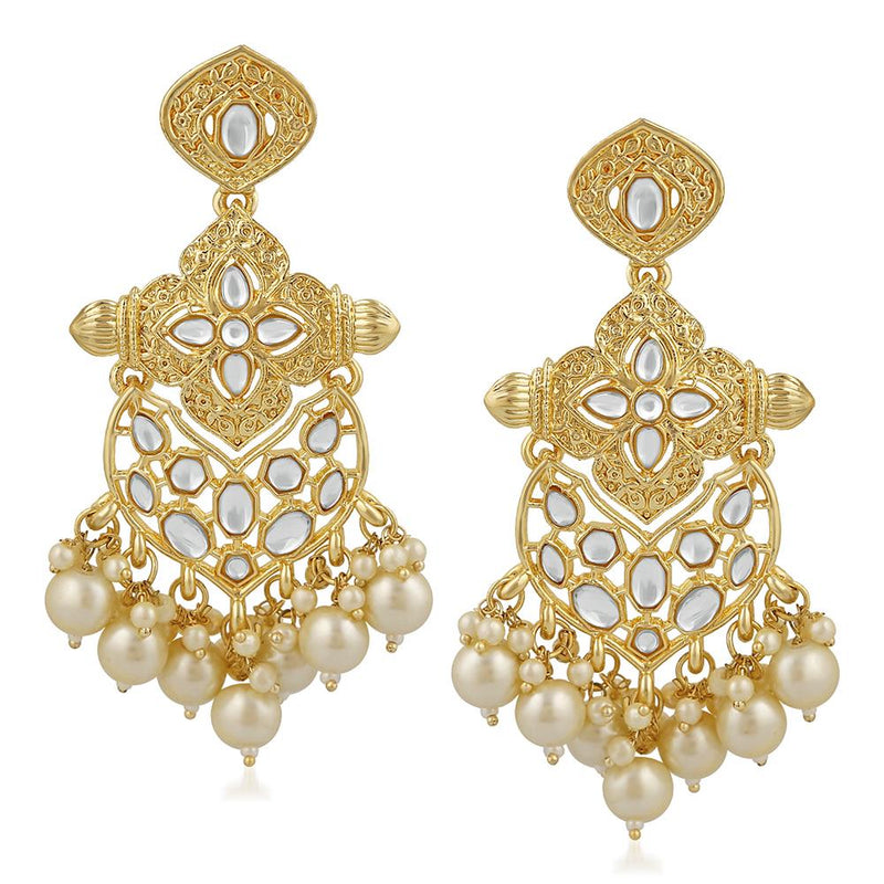 Mahi Ethnic Gold Plated White Kundan Dangler Earring For Women VECJ100201