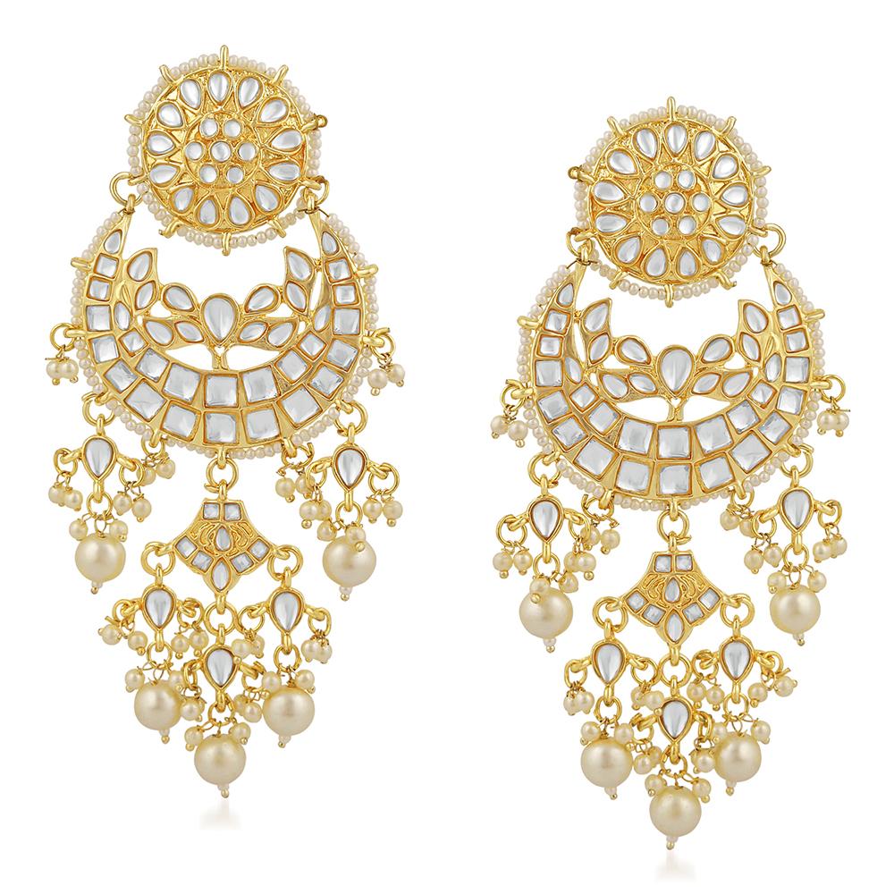 Mahi Gold Plated Traditional White Kundan Chandbali Long Dangler Earring For Women VECJ100202