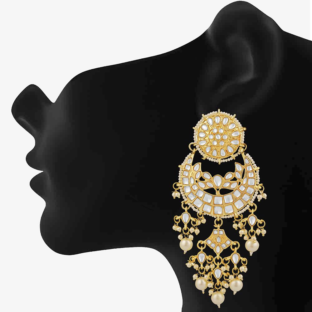 Mahi Gold Plated Traditional White Kundan Chandbali Long Dangler Earring For Women VECJ100202