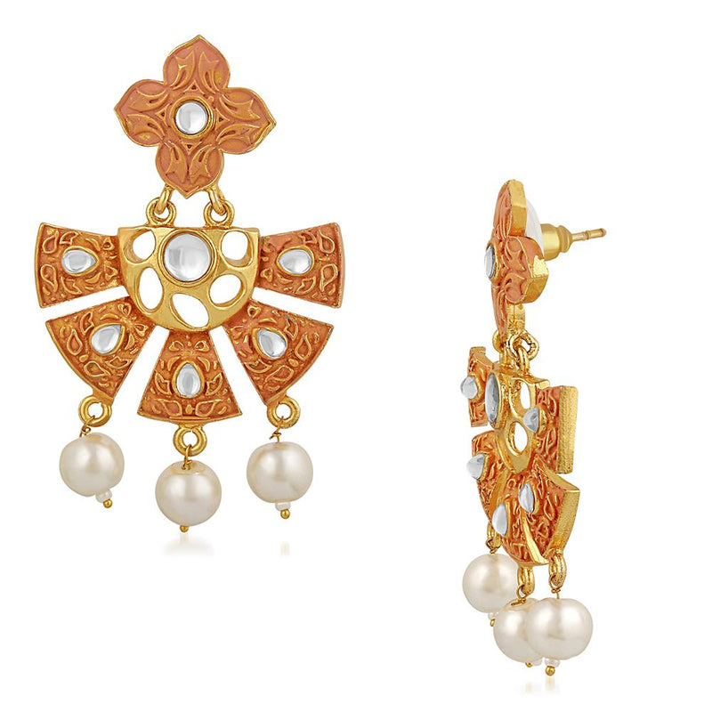 Mahi Traditional Gold Plated Floral Kundan Dangel Earring with Meenakari Work For Women VECJ100203