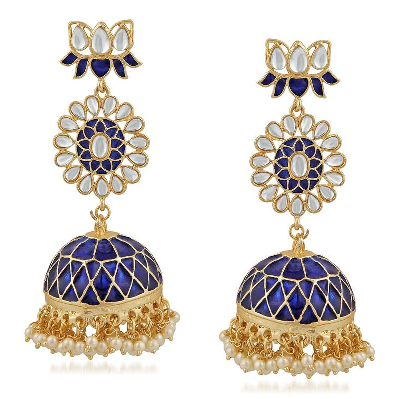 Mahi Ethnic White Kundan Lotus Flower Shaped Blue Meenakari Work Dangler Jhumki Earring For Women VECJ100206BLU