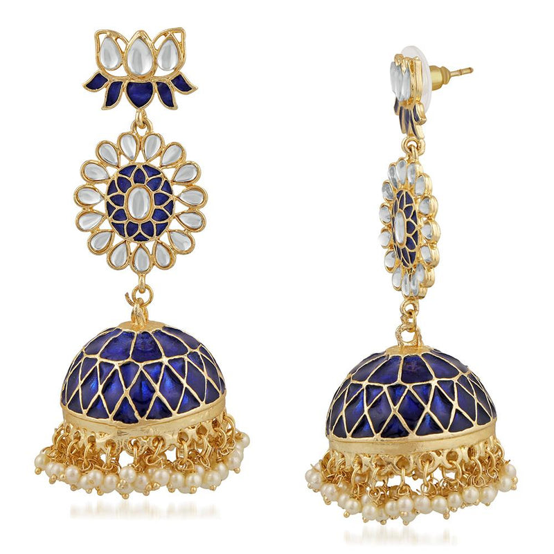 Mahi Ethnic White Kundan Lotus Flower Shaped Blue Meenakari Work Dangler Jhumki Earring For Women VECJ100206BLU