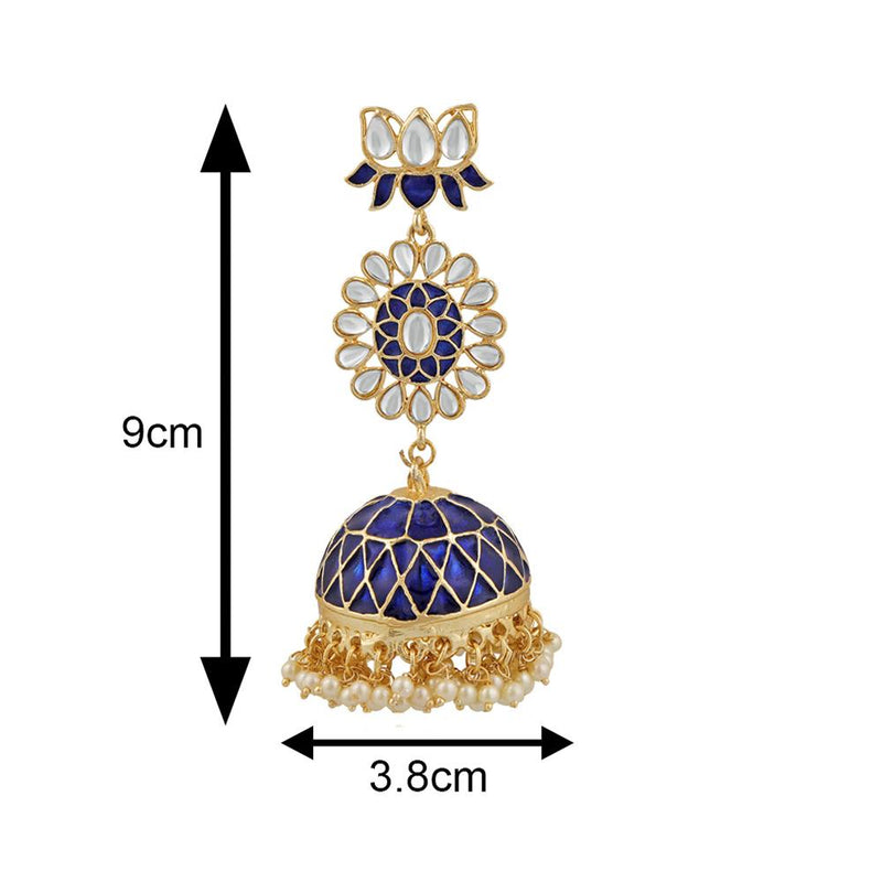 Mahi Ethnic White Kundan Lotus Flower Shaped Blue Meenakari Work Dangler Jhumki Earring For Women VECJ100206BLU