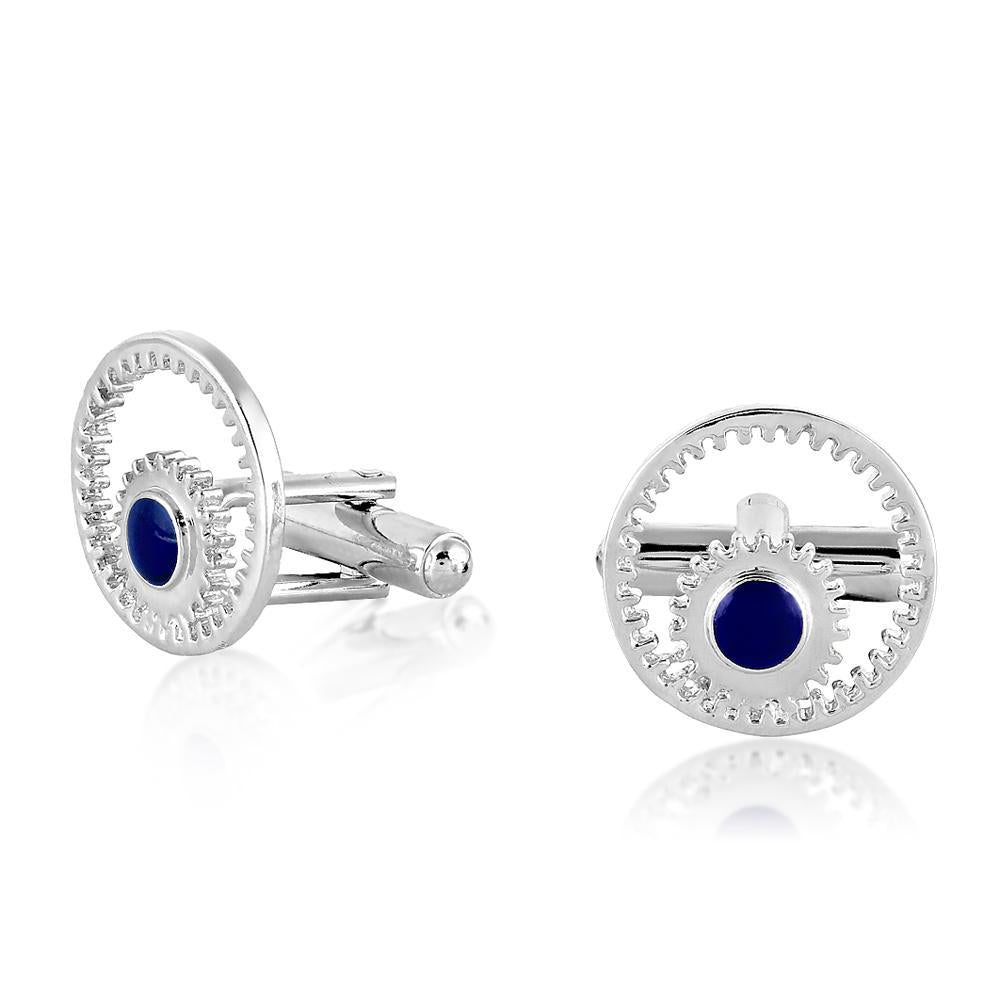 Mahi White Rhodium plated Blue Gear Cufflinks