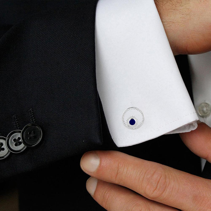 Mahi White Rhodium plated Blue Gear Cufflinks