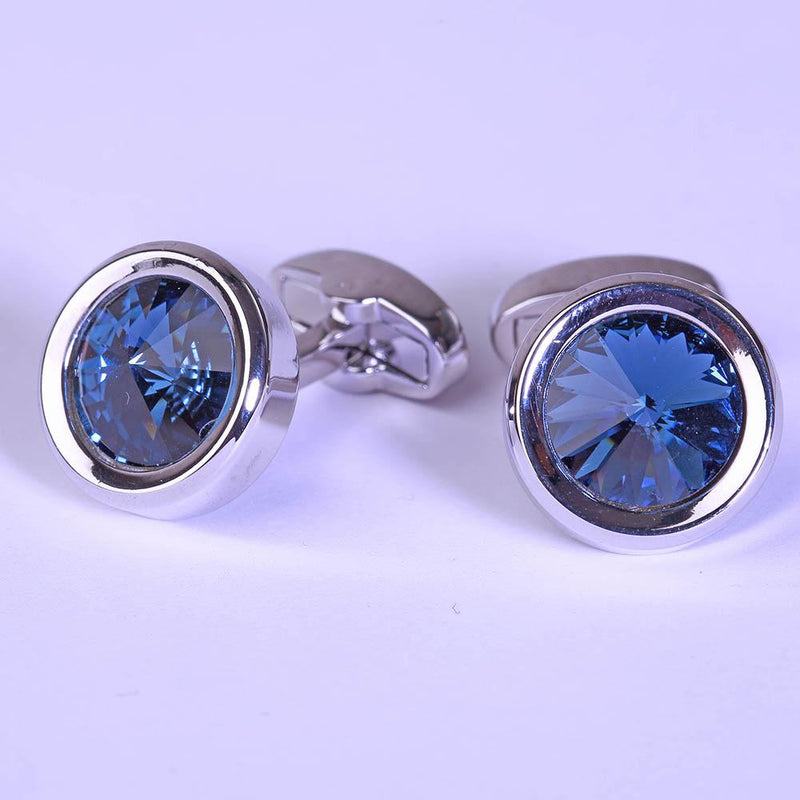 Mahi Rhodium Round Blue Cufflinks with Swarovski