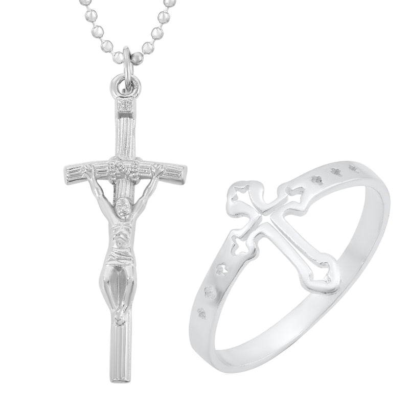 Missmister  Brass Silver Plated Combo Of Cross Pendant And Matching Finger Ring Christian Cross Jewellery Men Women