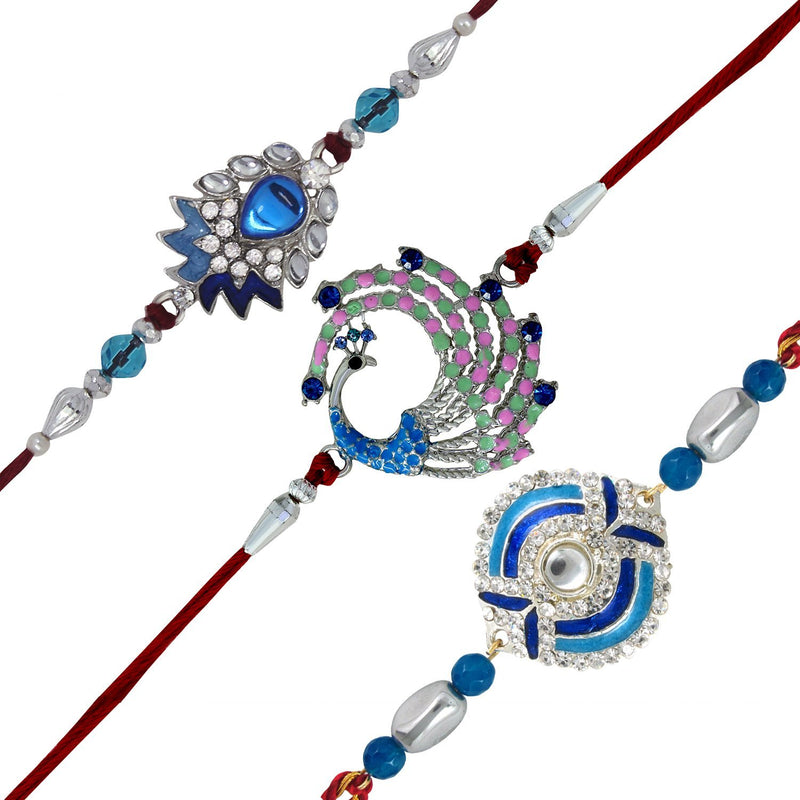 Mahi Combo of 3 Rhodium Plated Blue Love Rakhis for Brothers (Bracelet) CO1104639R