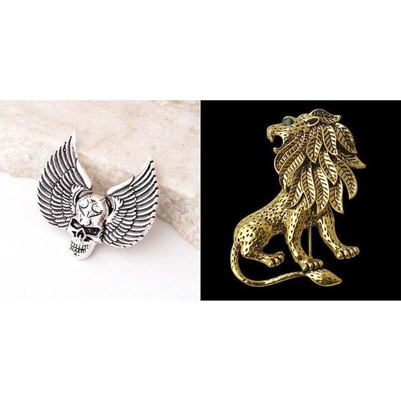 Mahi Combo of Skull Wings and Roring Lion Shirt Stud Brooch Pin for Men (CO1105191M)