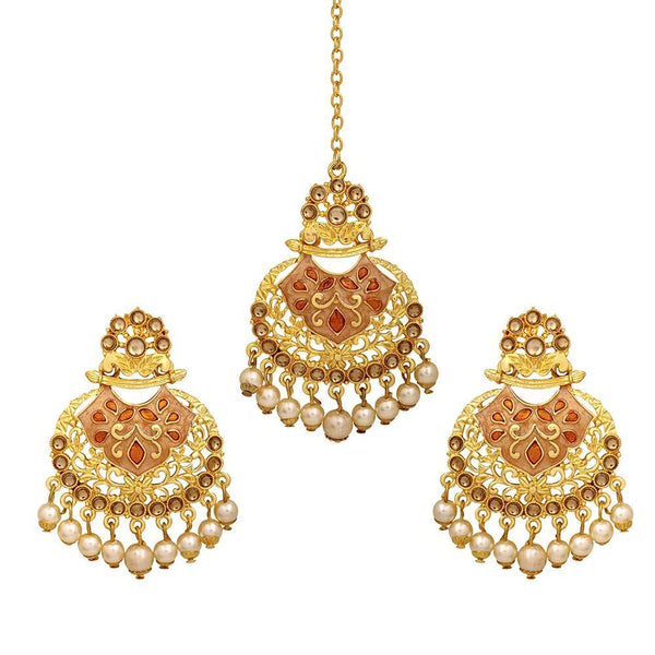 Mahi Traditional Dangler Pearl and Meenakari Work Maang Tikka and Earrings Set for Women (CO1105208G)