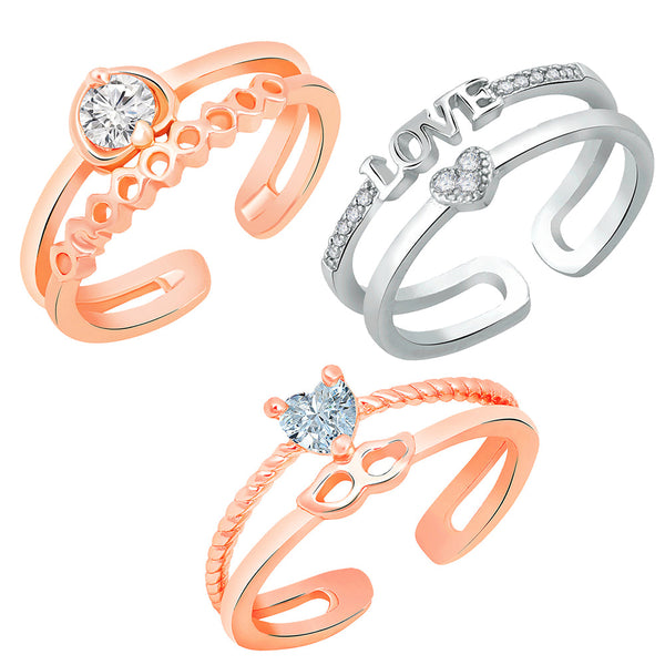 Mahi Combo of Dual Band Love Heart 3 Adjustable Finger Rings with Cubic Zirconia for Women (CO1105440M)