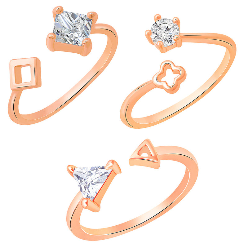 Mahi Rose Gold Plated Combo of 3 Geometrical Shapes Adjustable Finger Rings with Cubic Zirconia for Women (CO1105443Z)