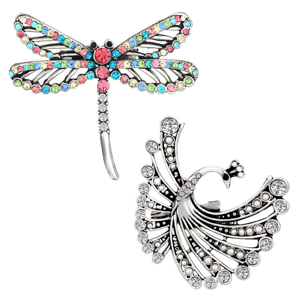 Mahi Combo of Butterfly and Flying Peacock Shaped Wedding Brooch / Lapel Pin with Multicolor Crystals for Women (CO1105512R)