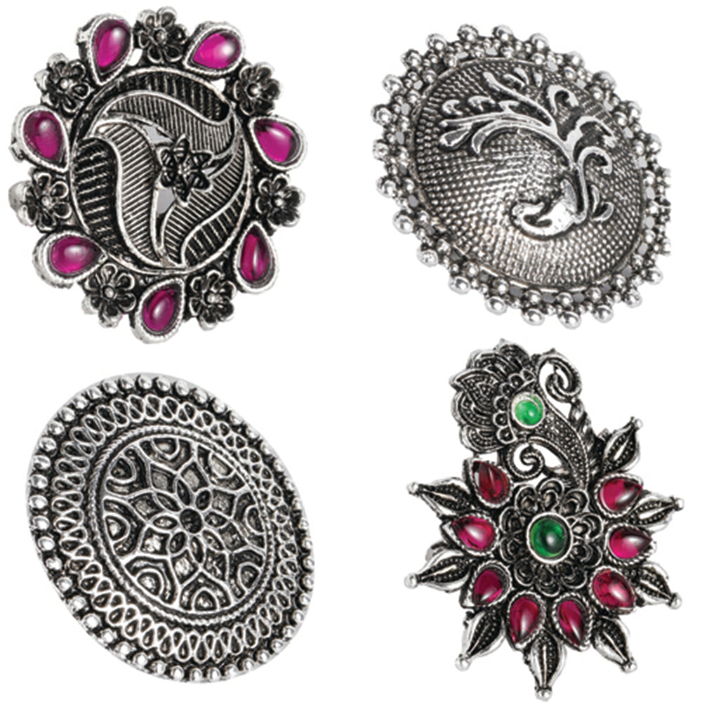 Kord Store Set of 4 Silver Oxidised Multicolor Beads Ring Combo For Girls and Women