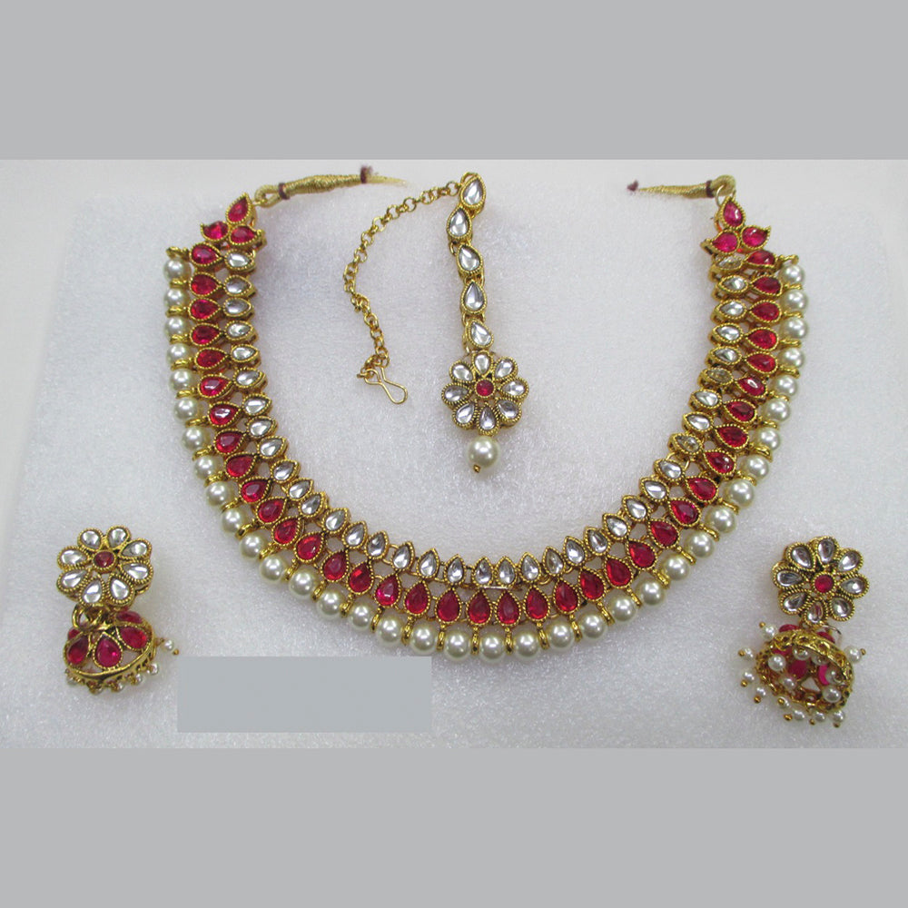 Midas Touch Gold Plated Pink Pota Kundan Stone And Pearl Necklace Set