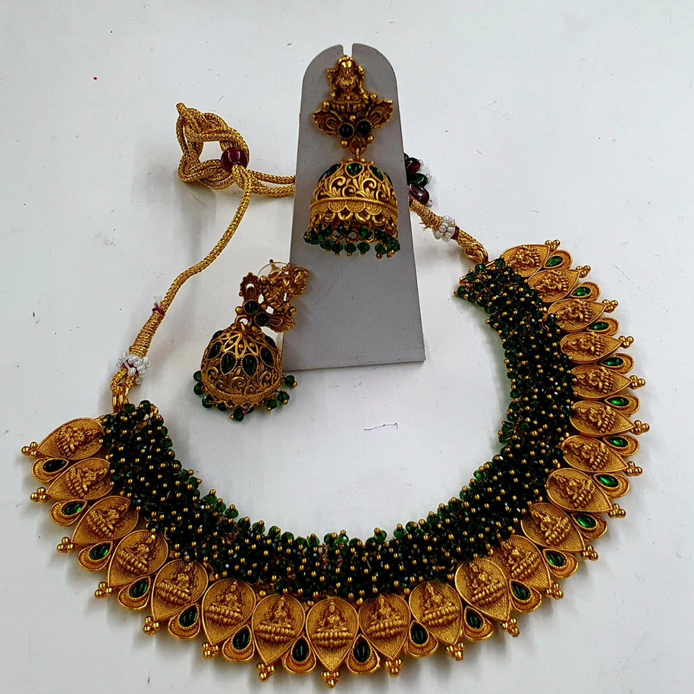 Midas Touch Brass Metal Pota Stone And Pearl Laxmi Temple Necklace Set