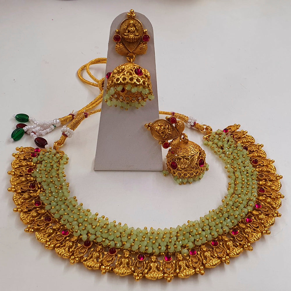 Midas Touch Brass Metal Pota Stone And Pearl Laxmi Temple Necklace Set