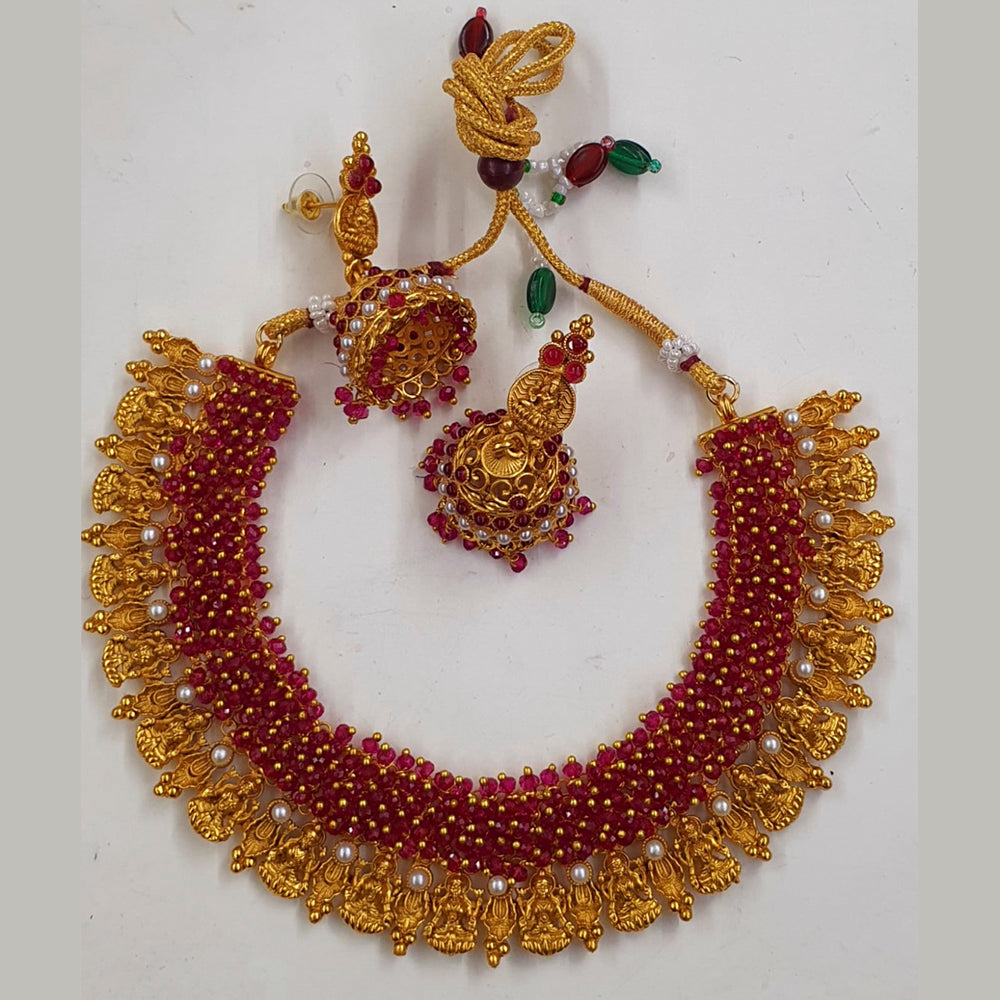 Midas Touch Brass Metal Pota Stone And Pearl Laxmi Temple Necklace Set