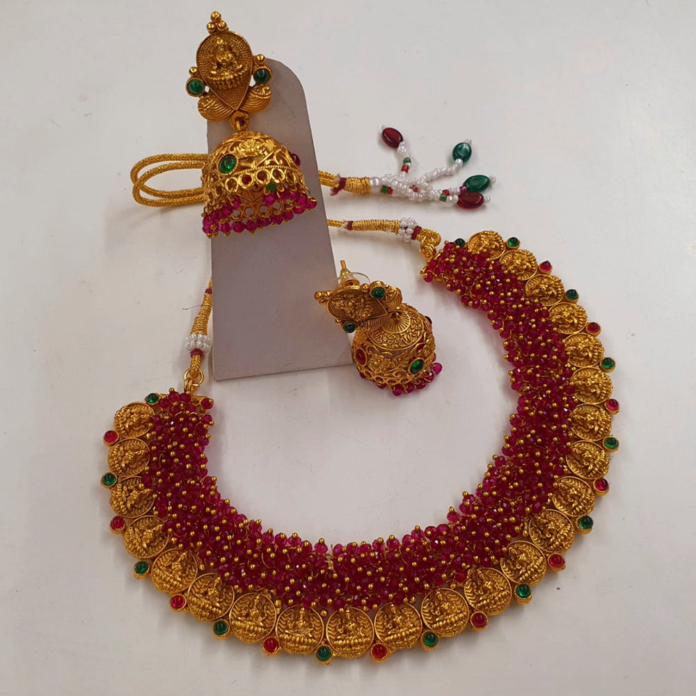 Midas Touch Brass Metal Pota Stone And Pearl Laxmi Temple Necklace Set