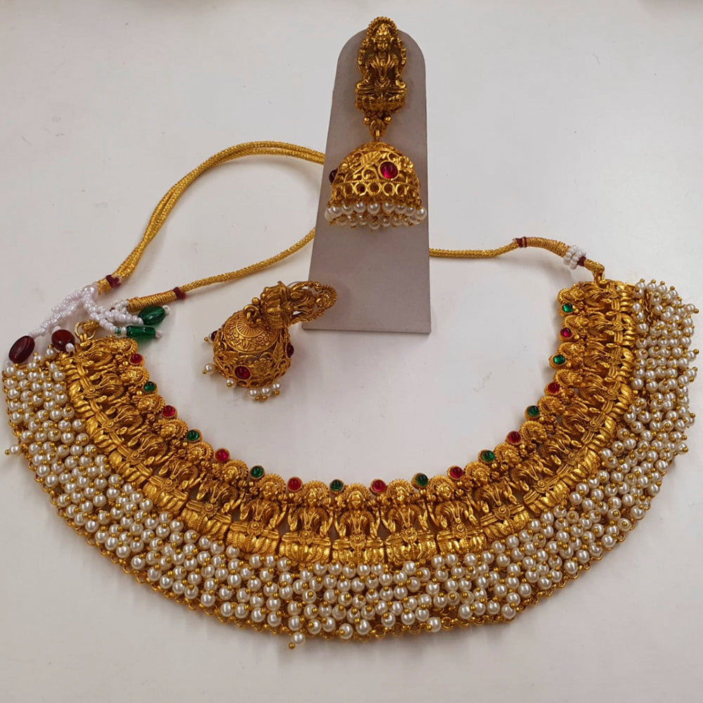 Midas Touch Brass Metal Pota Stone And Pearl Laxmi Temple Necklace Set