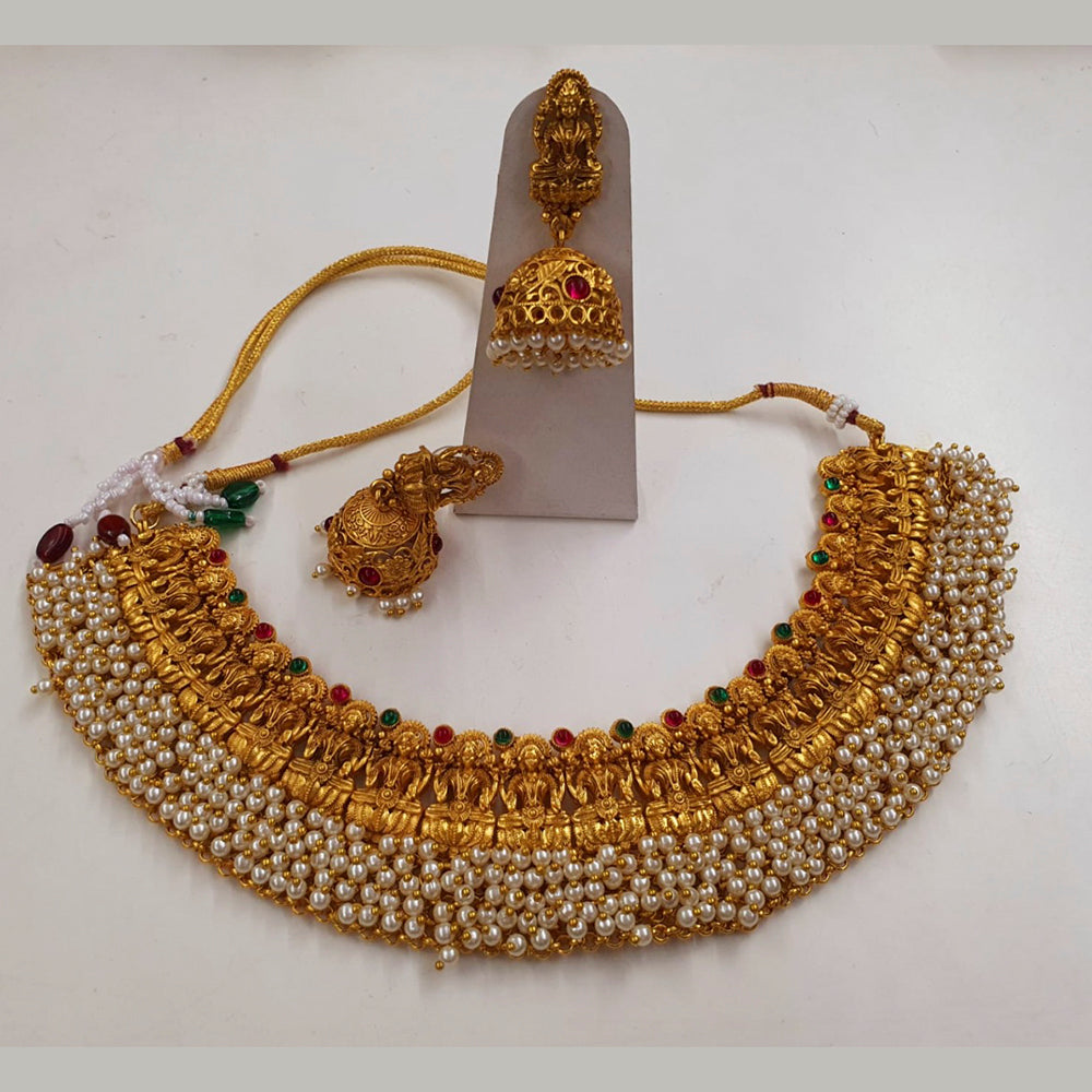 Midas Touch Brass Metal Pota Stone And Pearl Laxmi Temple Necklace Set